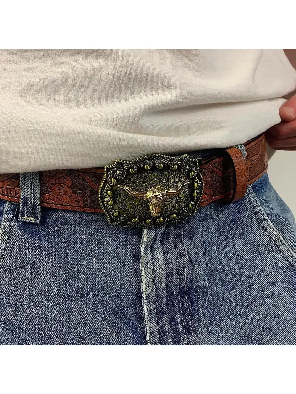 American Western Brown leather belt with silver-toned brass buckle, featuring a